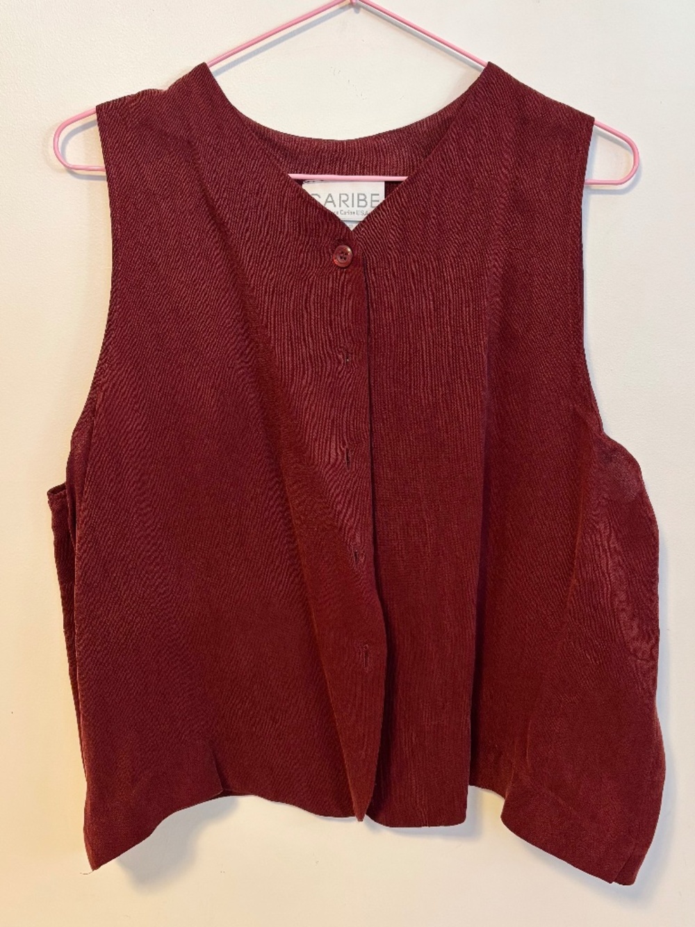 Caribe Flowy Silky Button Down Sleeveless Vest Top Maroon Red Womens Size Large